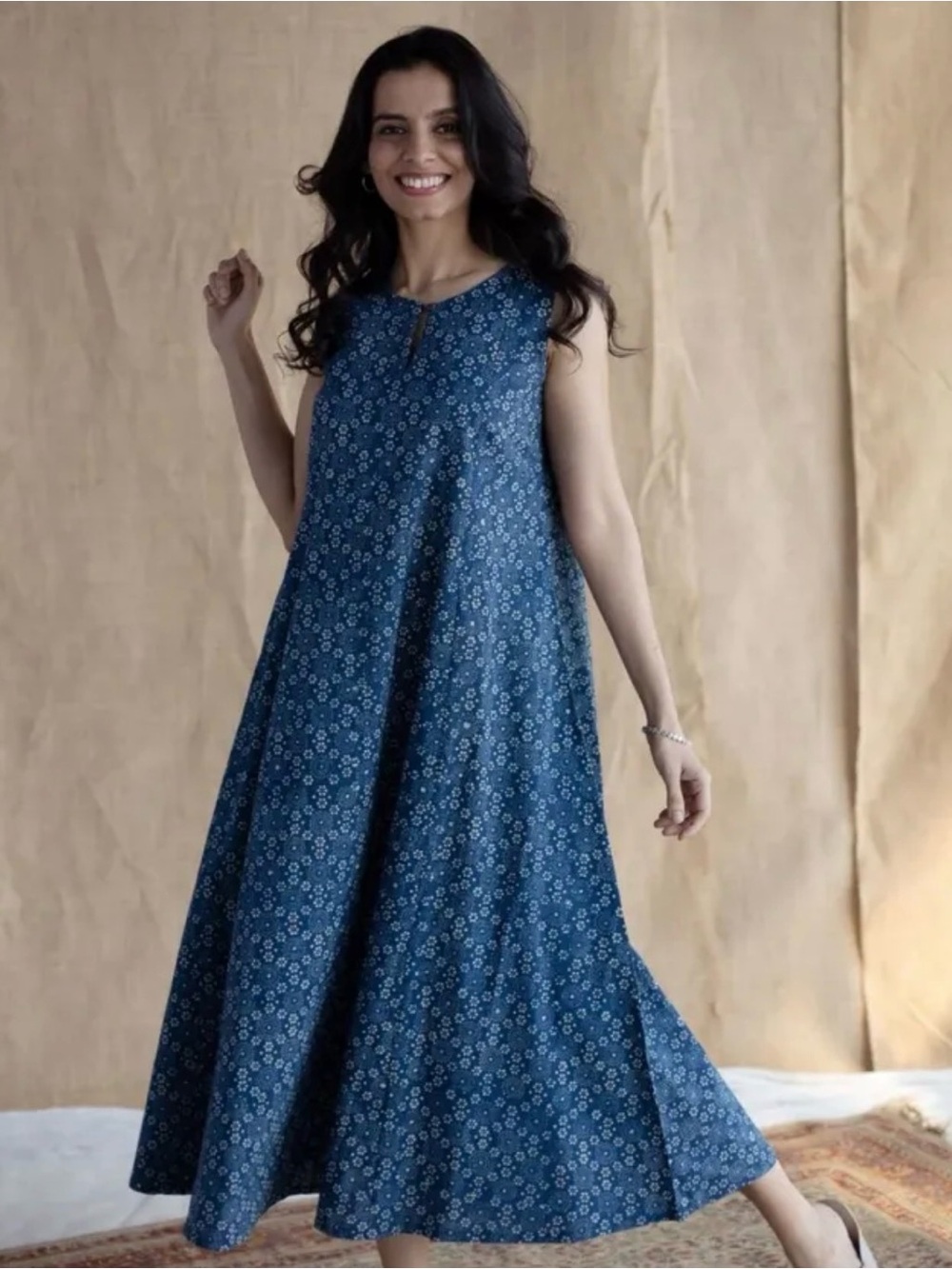 The Indian Ethnic Co Indigo A Line Ajrakh Cotton Maxi Dress XXL Sleeveless